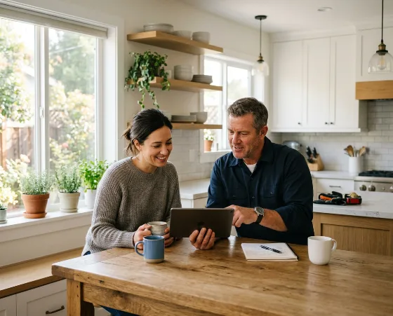 Homeowner and a contractor reviewing project plans on a tablet at a kitchen table